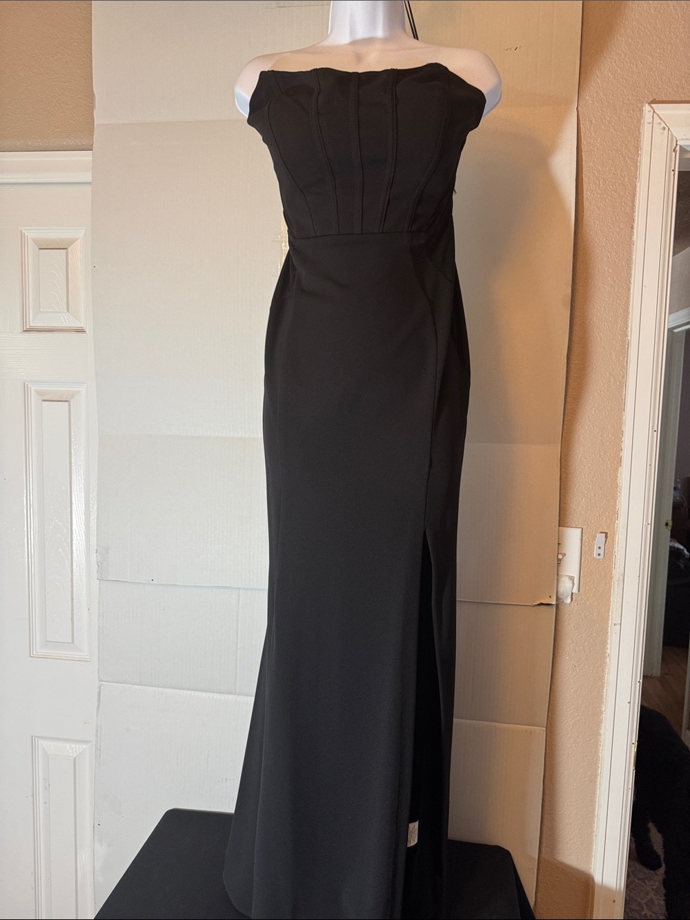 Morgan & Co. Strapless Black Column Gown with Bust Seams